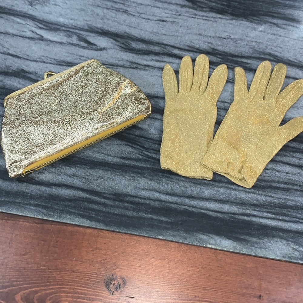 Antique gold clutch wallet and metallic gold gloves